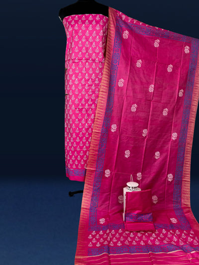 Katan Silk Gorgeous Suits Magenta Blockprinted