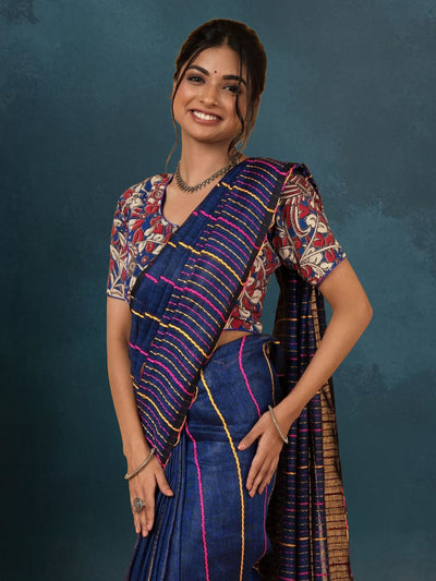 Thoughtful Pure Linen Kantha Work Saree Resolution Blue