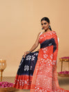 Vibrant Slub Linen Wax Batik Hand Dyed Saree Ink Blue & Orange