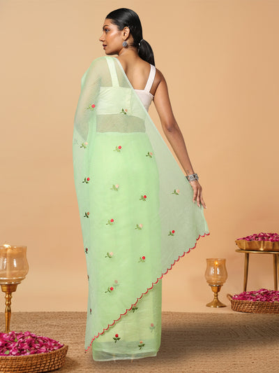 Kota Doria Green Saree Allover Embroidery Handcrafted