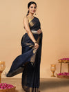 Striped Kota Slub Sequence Pallu Saree Hand Dyed Navy Blue