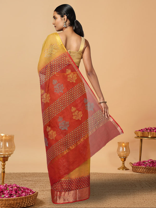 Craft Couture Blockprinted Kota Doria Mustard Yellow & Red Saree