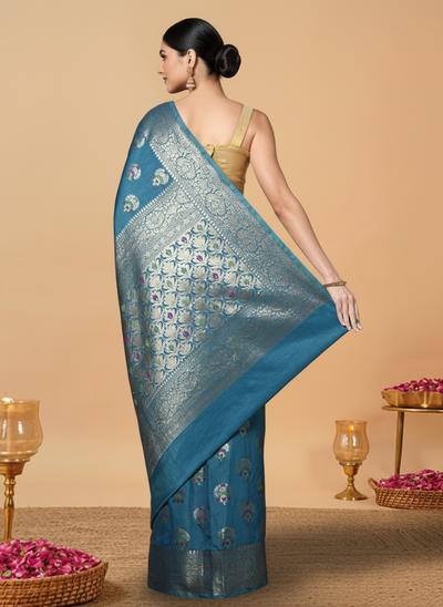 Silkmark Certified Tussar Moonga Banarasi Silk Saree Blue Color with running blouse-Indiehaat