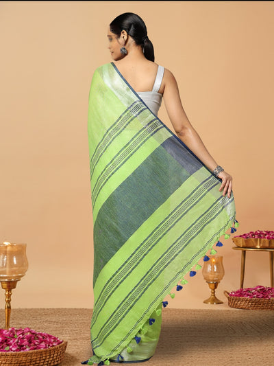 Illuminating Handwoven Pure Linen Green Saree