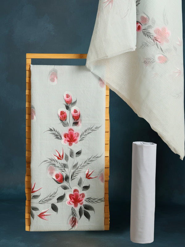 Handpainted Kota Doria Suit Gray (Top+Dupatta+Bottom)