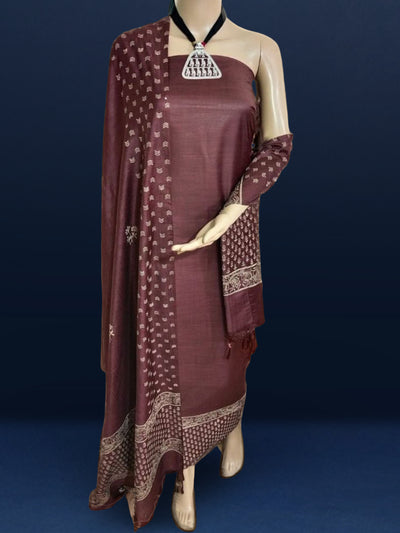 Katan Silk Lustrous Blockprint Brown Suit