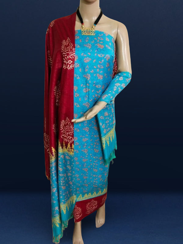 Katan Silk Vibrant Blockprint Sky Blue Suit