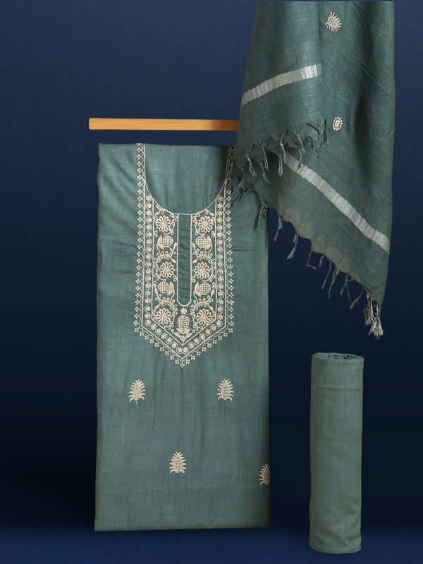 Gulmohar Slub Linen Dark Green Unstitched Suit