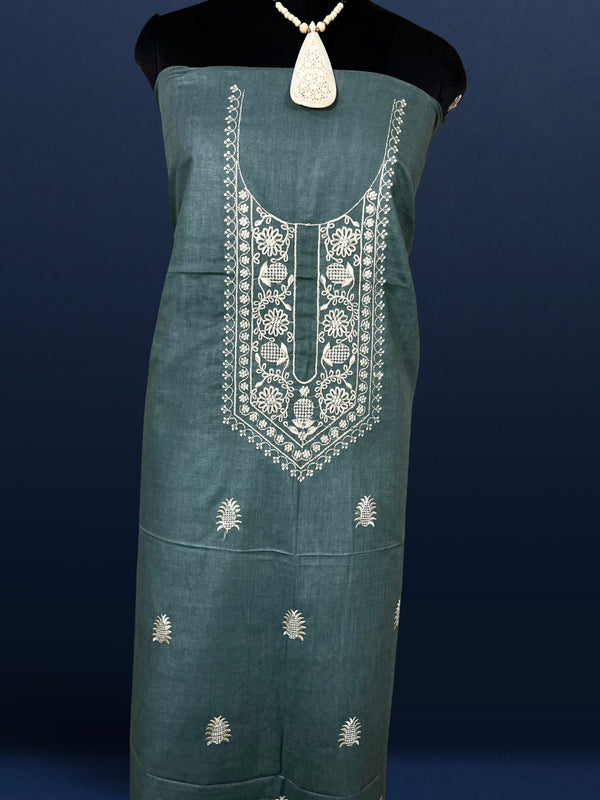 Gulmohar Slub Linen Dark Green Unstitched Suit