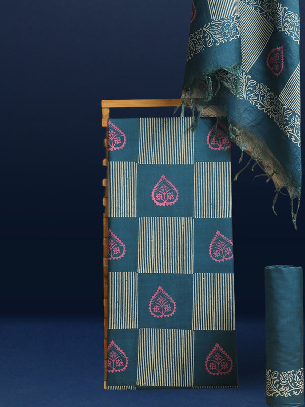 Katan Silk Textured Blockprint Blue Suit