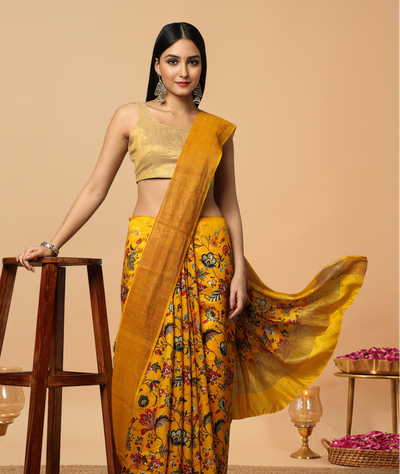 Silkmark Muga Tussar Silk Printed Yellow Saree