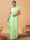 Kota Doria Green Saree Allover Embroidery Handcrafted
