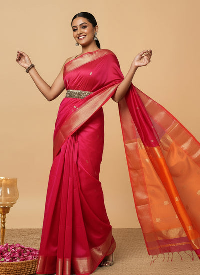 Radiating Maheshwari Pure Silk Lotus Buti Pink Saree