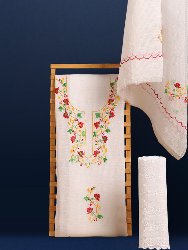 Embroidered Bold Kota Doria White Suit (Top+Bottom+Dupatta)