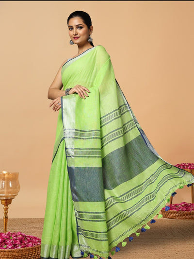 Illuminating Handwoven Pure Linen Green Saree