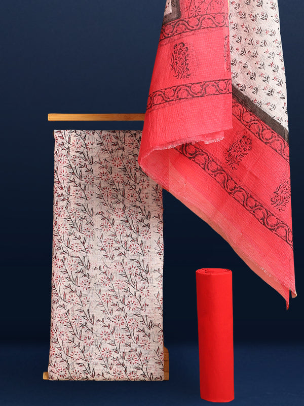 Quaint Kota Doria Red Blockprinted Suit (Top+Dupatta+Bottom)