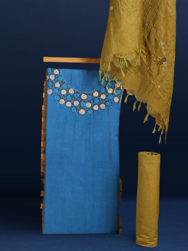 Embroidered Katan Silk Blue & Brown Suit