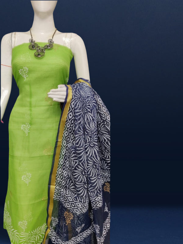 Adorable Kota Doria Blockprint Suit Material Green With Blue Dupatta