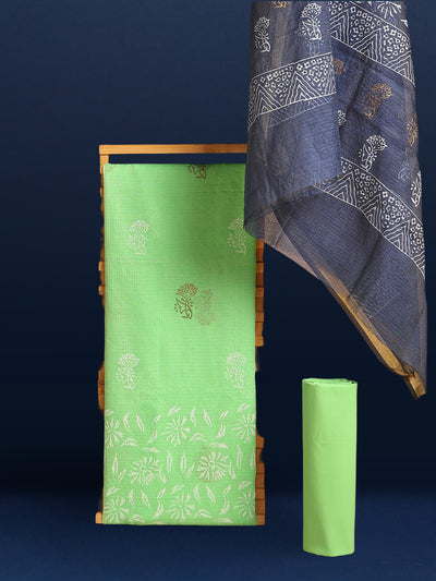Adorable Kota Doria Blockprint Suit Material Green With Blue Dupatta