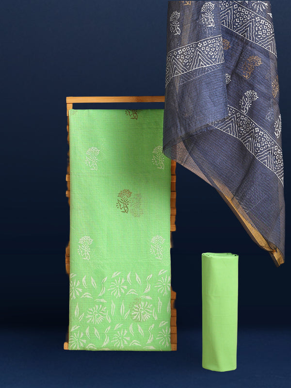Adorable Kota Doria Blockprint Suit Material Green With Blue Dupatta