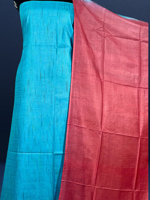 Handdyed Katan Silk Blue & Red Contrast Suit