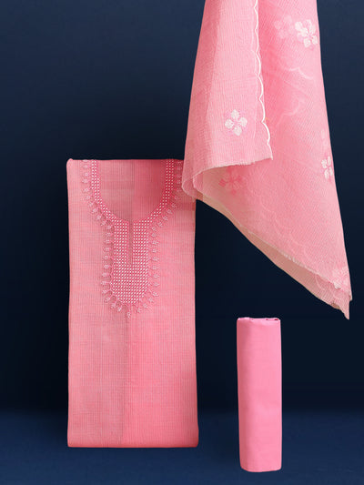 Chikankari Alluring Kota Doria Peach Suit (Top+Bottom+Dupatta)
