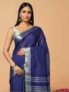 Slub Linen Hand Dyed Blue Saree with Contrast Blouse-Indiehaat