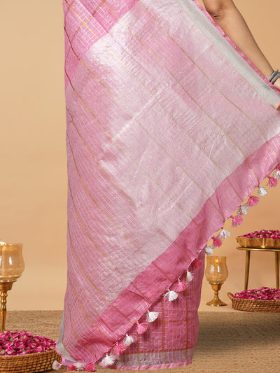 Pure Linen Check Design Handloom Light Pink Saree