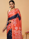 Vibrant Slub Linen Wax Batik Hand Dyed Saree Ink Blue & Orange