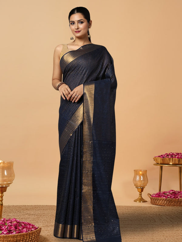 Striped Kota Slub Sequence Pallu Saree Hand Dyed Navy Blue