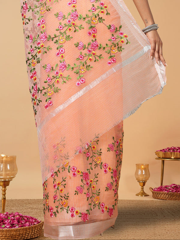 Kota Doria Saree Embroidered Red 12% Off - IndieHaat