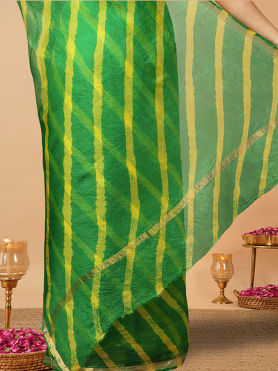 Ornamental Pure Silk Kota Doria Green Saree Handcrafted