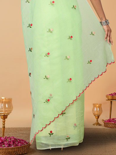 Kota Doria Green Saree Allover Embroidery Handcrafted