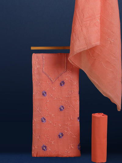 Brilliant Kota Doria Pink Suit (T+B+D) Material Embroidered