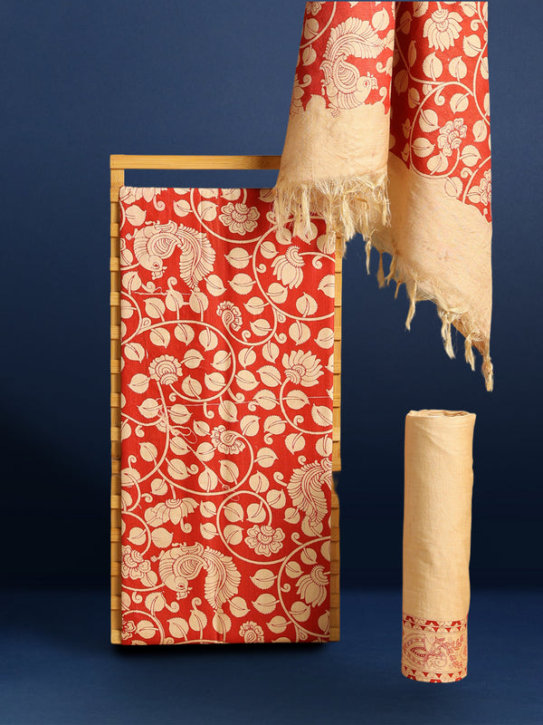 Katan Silk Gleaming Blockprint Red Suit