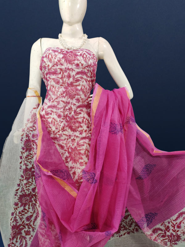 Bright Kota Doria Pink Blockprinted Suit (Top+Dupatta+Bottom)