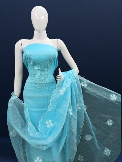 Chikenkari Kota Doria Serene Blue Suit