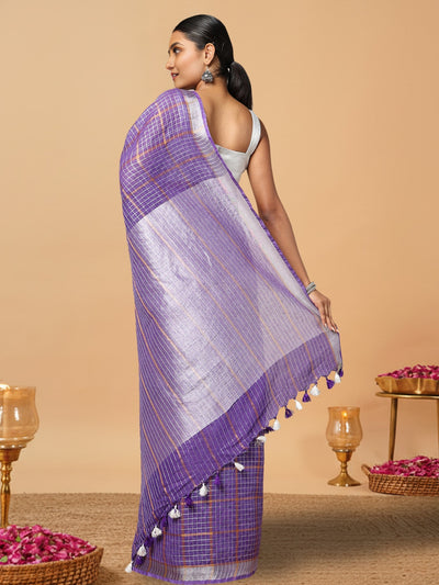 Pure Linen Check Design Handloom Purple Saree