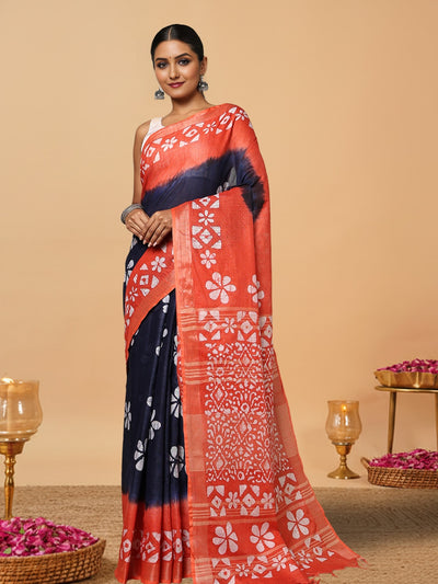 Vibrant Slub Linen Wax Batik Hand Dyed Saree Ink Blue & Orange