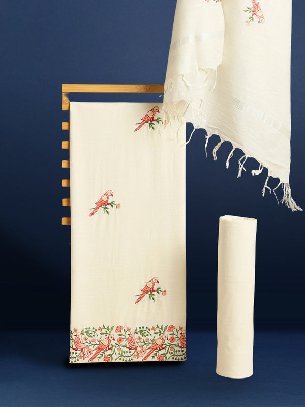Gulmohar Embroidered Pure Linen Off White Stitched Suit