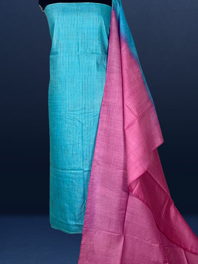 Handdyed Katan Silk Blue & Pink Contrast Suit