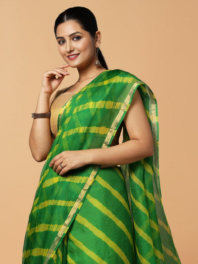 Ornamental Pure Silk Kota Doria Green Saree Handcrafted