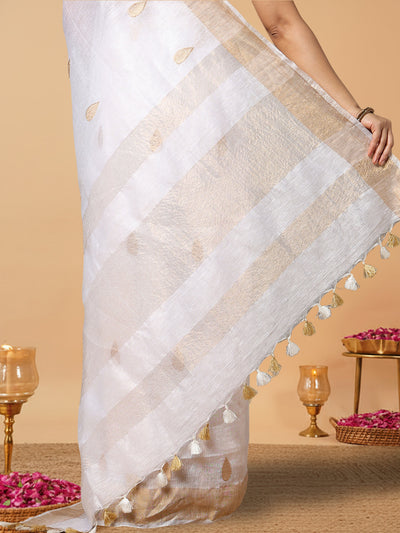 Incandescent Silk Linen White Saree Buta