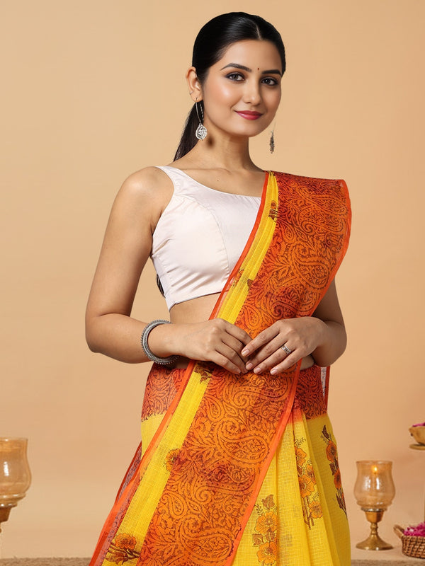 Vibrant Kota Doria Blockprinted Yellow Saree