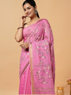 Poetic Silk Linen Embroidered Pink Saree