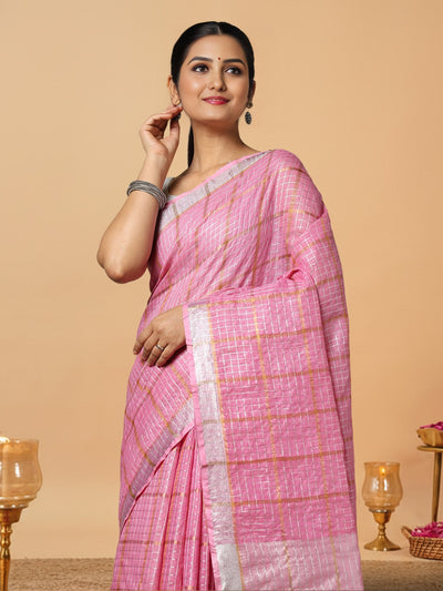 Pure Linen Check Design Handloom Light Pink Saree