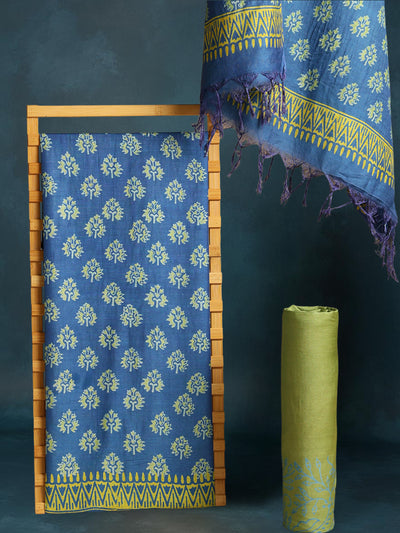 Katan Silk Glossy Blockprint Blue Suit