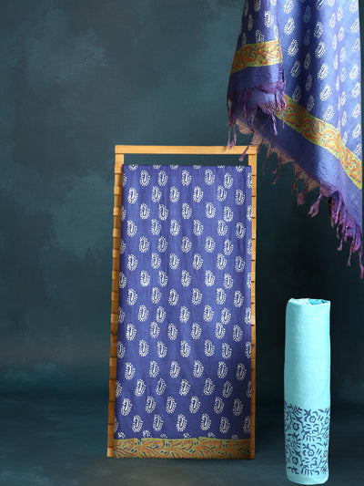Katan Silk Decorous Blockprint Blue & Green Suit (T+B+D)