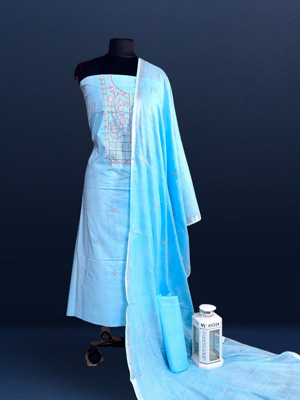 Gulmohar Slub Linen Aqua Blue Unstitched Suit