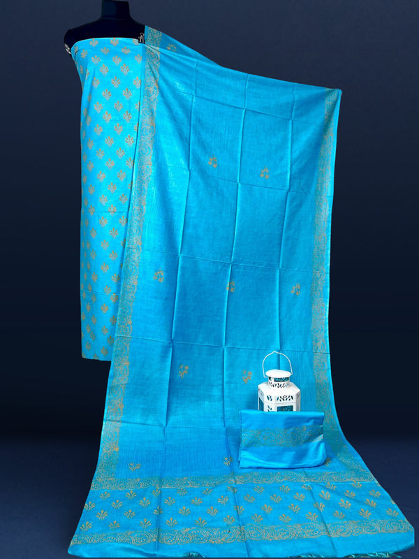 Katan Silk Striking Blockprint Blue Suit